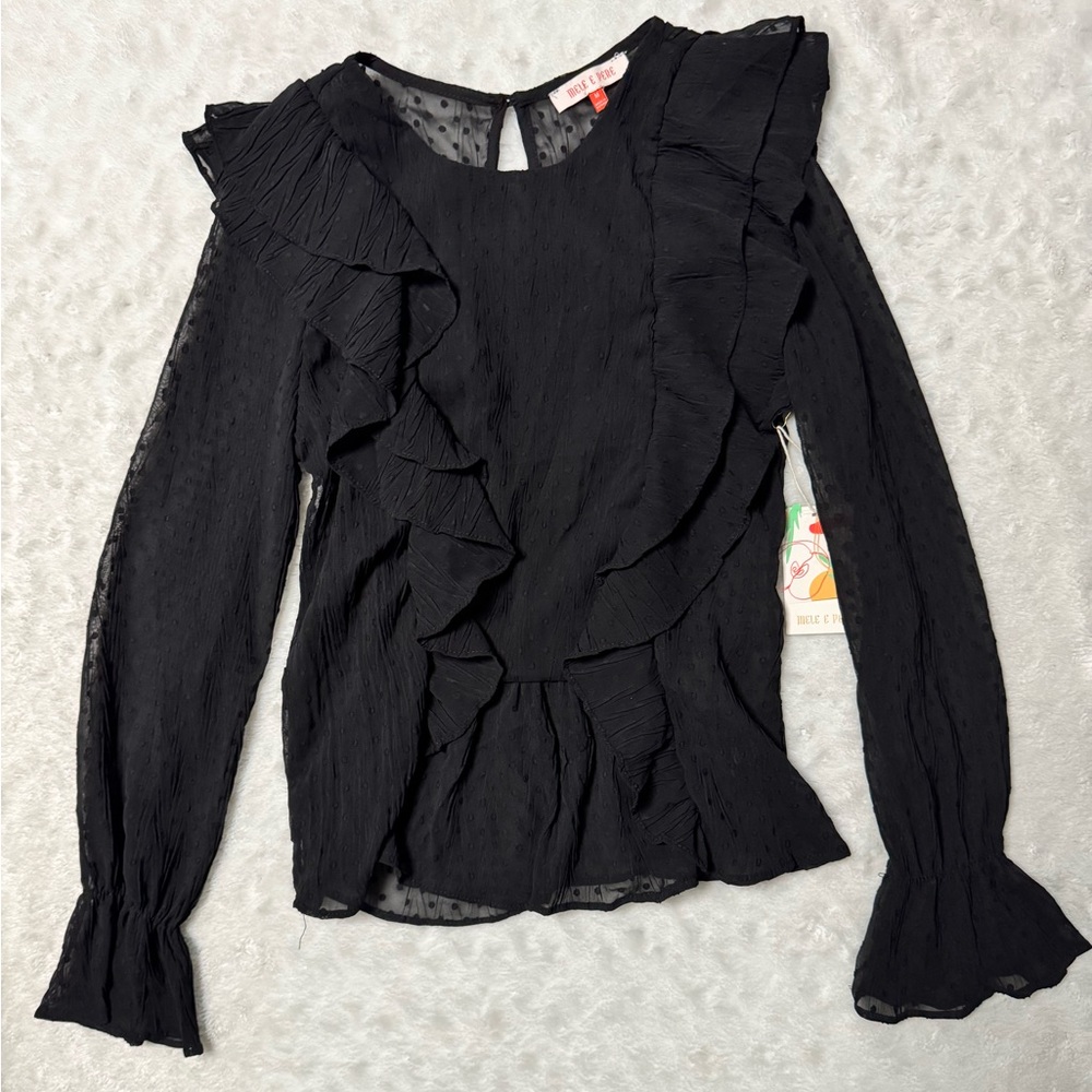NWT-  MELE E PERE Black Polka Dot Long Sheer Sleeved Ruffled Women's Top